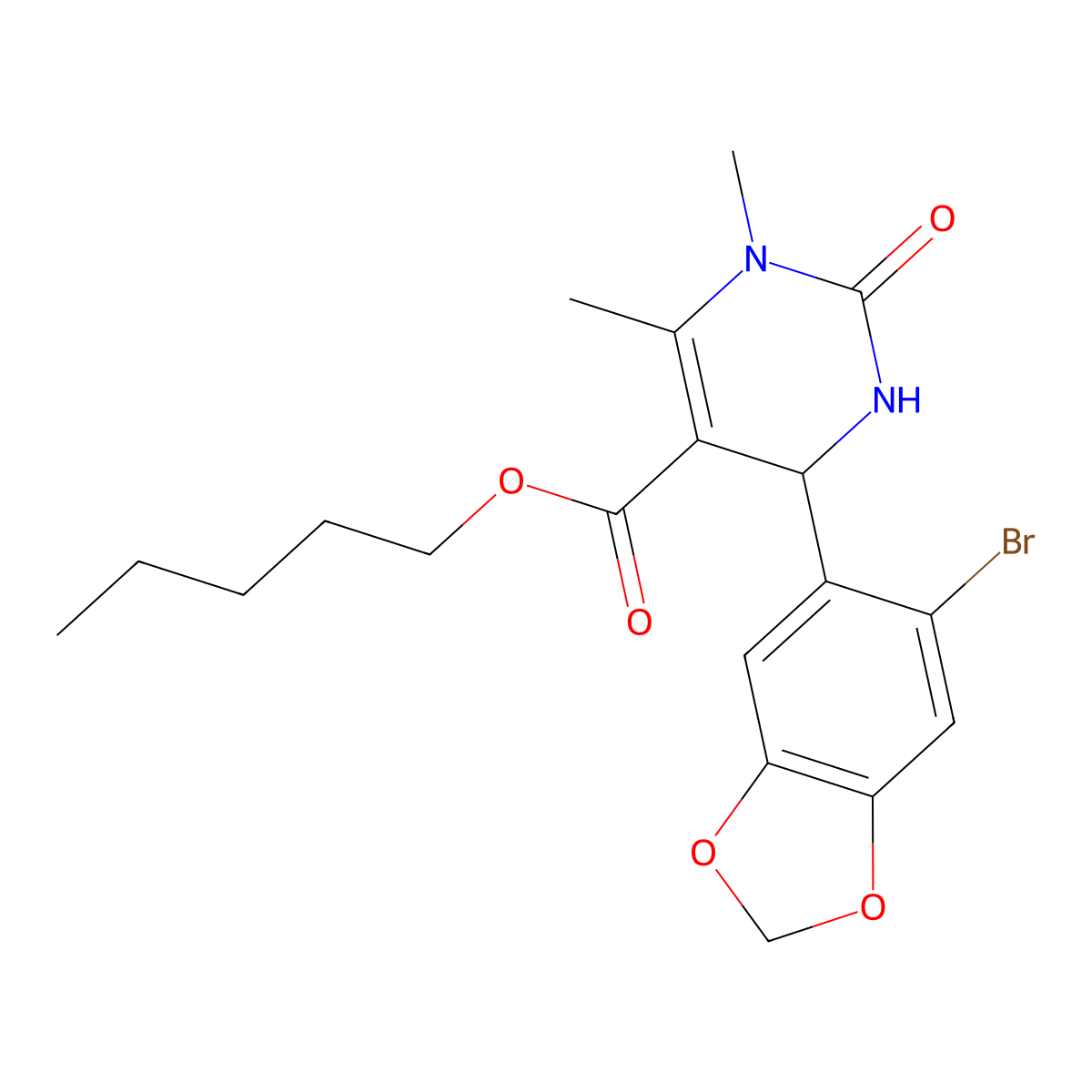 Pentyl 4-(6-bromo-1,3-benzodioxol-5-yl)-1,6-dimethyl-2-oxo-1,2,3,4-tetrahydropyrimidine-5-carboxylate molecular structure, CAS 5708-59-8