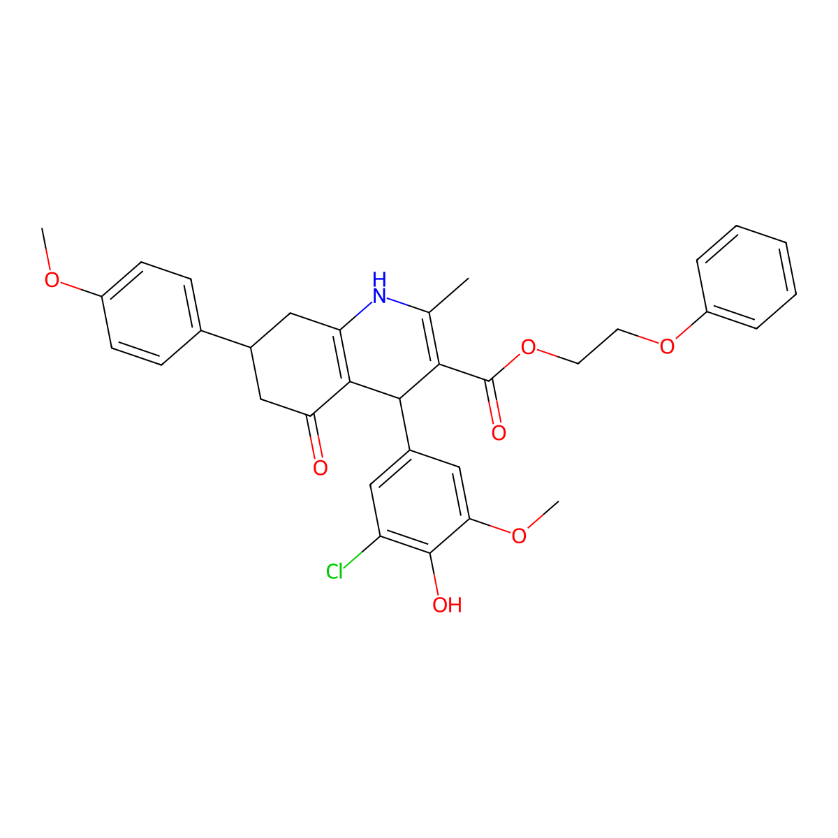 2-Phenoxyethyl 4-(3-chloro-4-hydroxy-5-methoxyphenyl)-7-(4-methoxyphenyl)-2-methyl-5-oxo-1,4,5,6,7,8-hexahydroquinoline-3-carboxylate molecular structure, CAS 5708-74-7