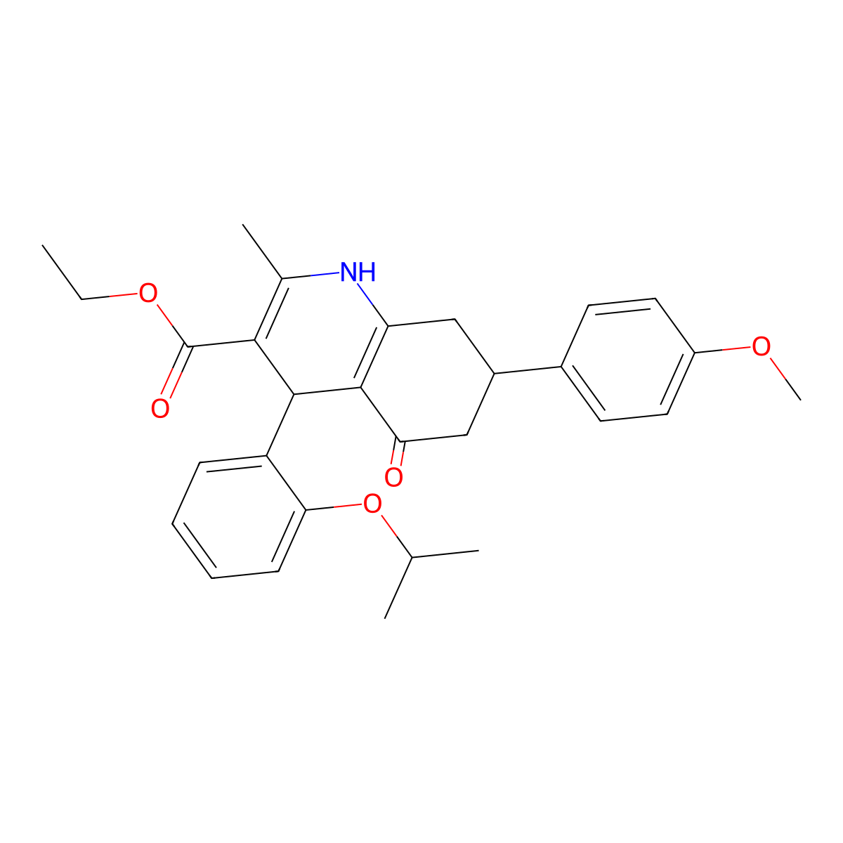 ethyl 7-(4-methoxyphenyl)-2-methyl-5-oxo-4-(2-propan-2-yloxyphenyl)-4,6,7,8-tetrahydro-1H-quinoline-3-carboxylate molecular structure, CAS 5708-96-3