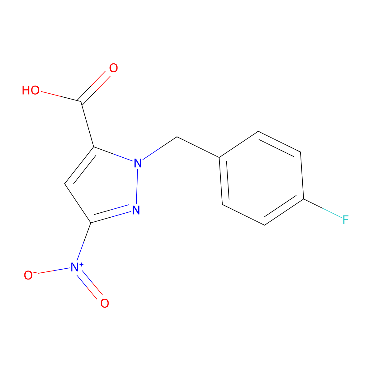 2-[(4-Fluorophenyl)methyl]-5-nitropyrazole-3-carboxylic acid molecular structure, CAS 5709-89-7