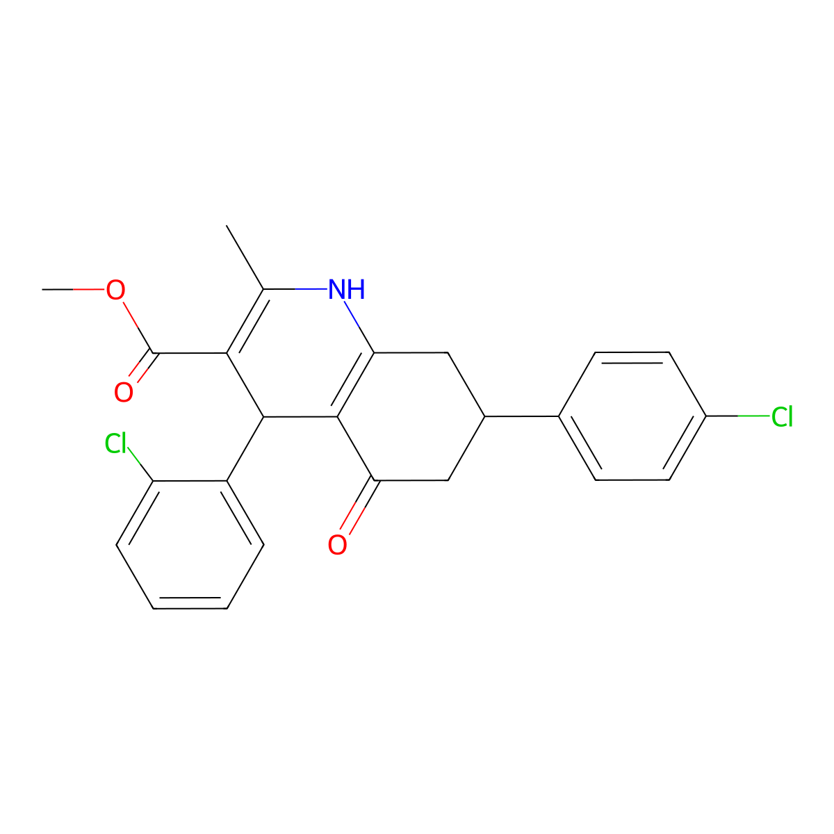 methyl 4-(2-chlorophenyl)-7-(4-chlorophenyl)-2-methyl-5-oxo-4,6,7,8-tetrahydro-1H-quinoline-3-carboxylate molecular structure, CAS 5709-92-2
