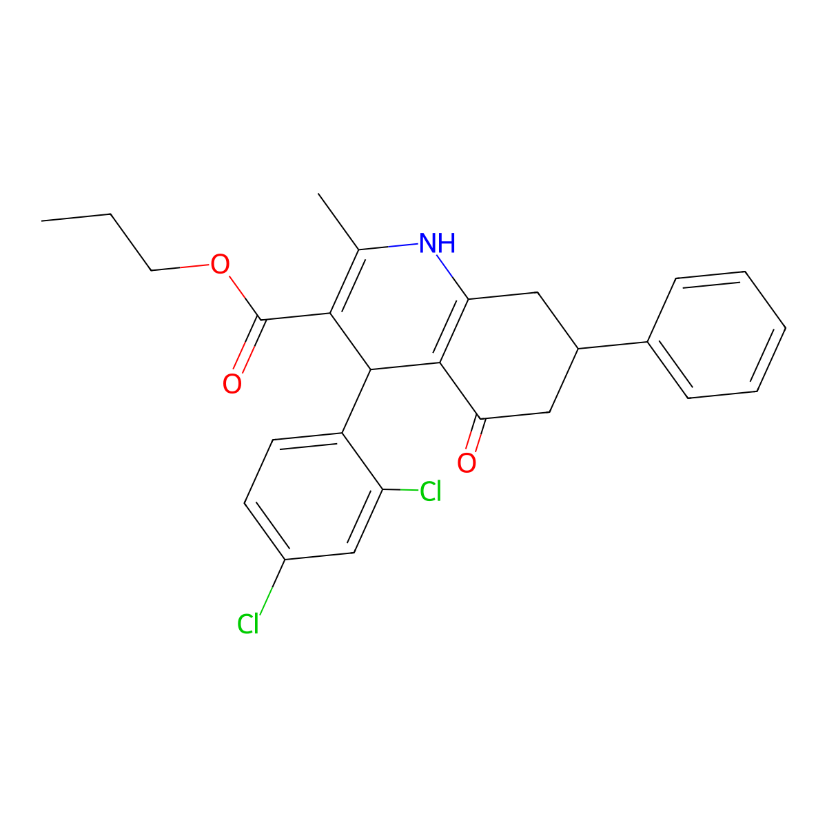 Propyl 4-(2,4-dichlorophenyl)-2-methyl-5-oxo-7-phenyl-1,4,5,6,7,8-hexahydroquinoline-3-carboxylate molecular structure, CAS 5711-33-1