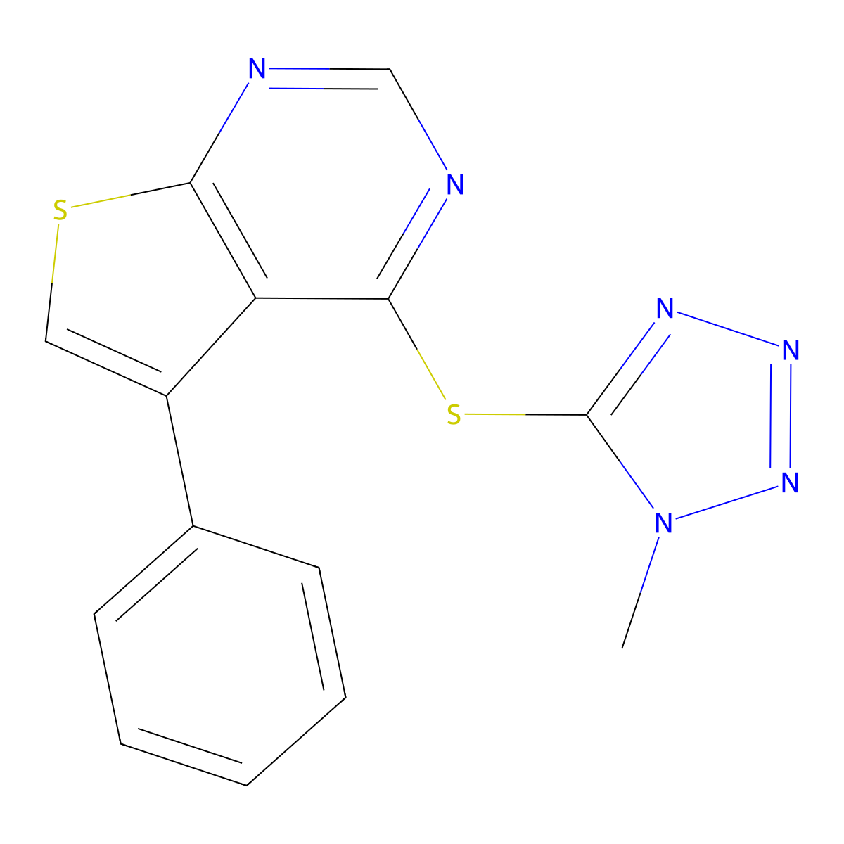 1-methyl-5-({5-phenylthieno[2,3-d]pyrimidin-4-yl}sulfanyl)-1H-1,2,3,4-tetrazole molecular structure, CAS 571149-48-9