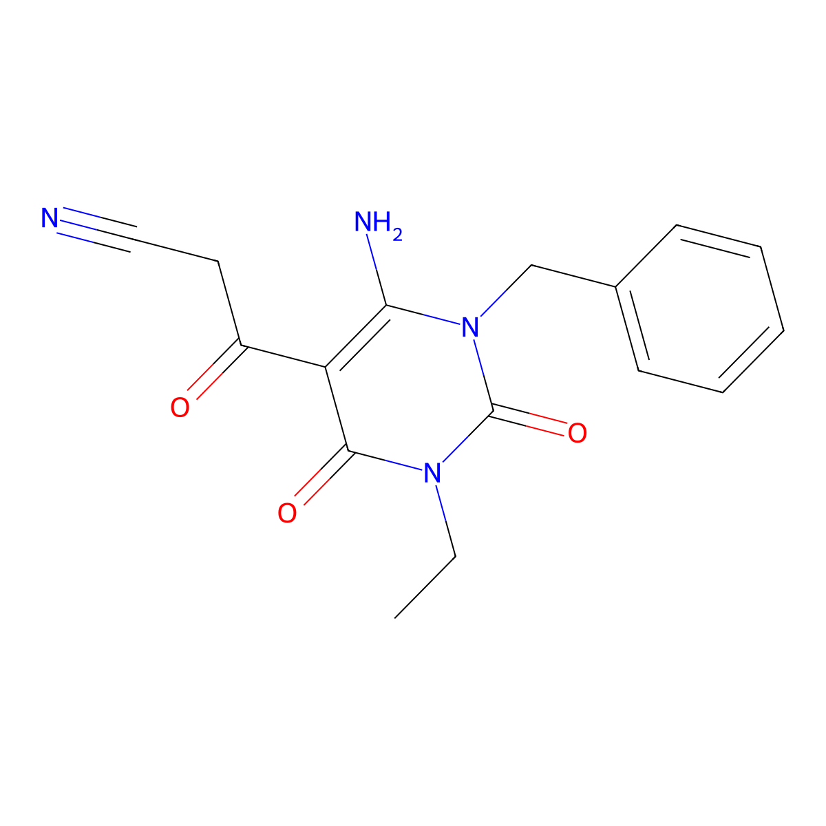 3-(6-Amino-1-benzyl-3-ethyl-2,4-dioxo-1,2,3,4-tetrahydropyrimidin-5-yl)-3-oxopropanenitrile molecular structure, CAS 571149-75-2