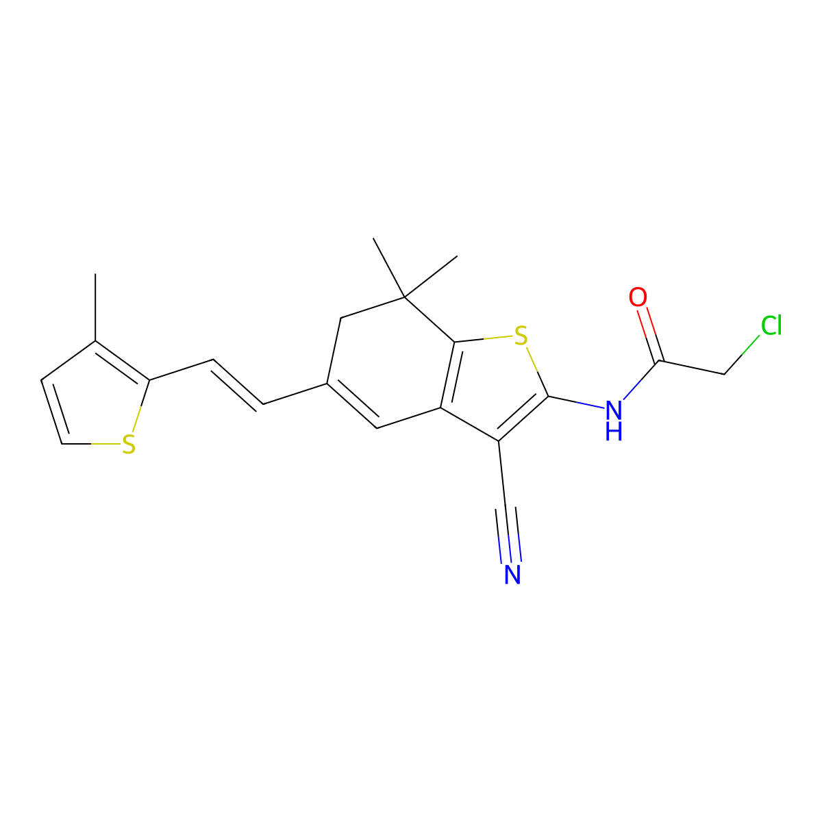 2-chloro-N-{3-cyano-7,7-dimethyl-5-[2-(3-methylthiophen-2-yl)ethenyl]-6,7-dihydro-1-benzothiophen-2-yl}acetamide molecular structure, CAS 571149-79-6
