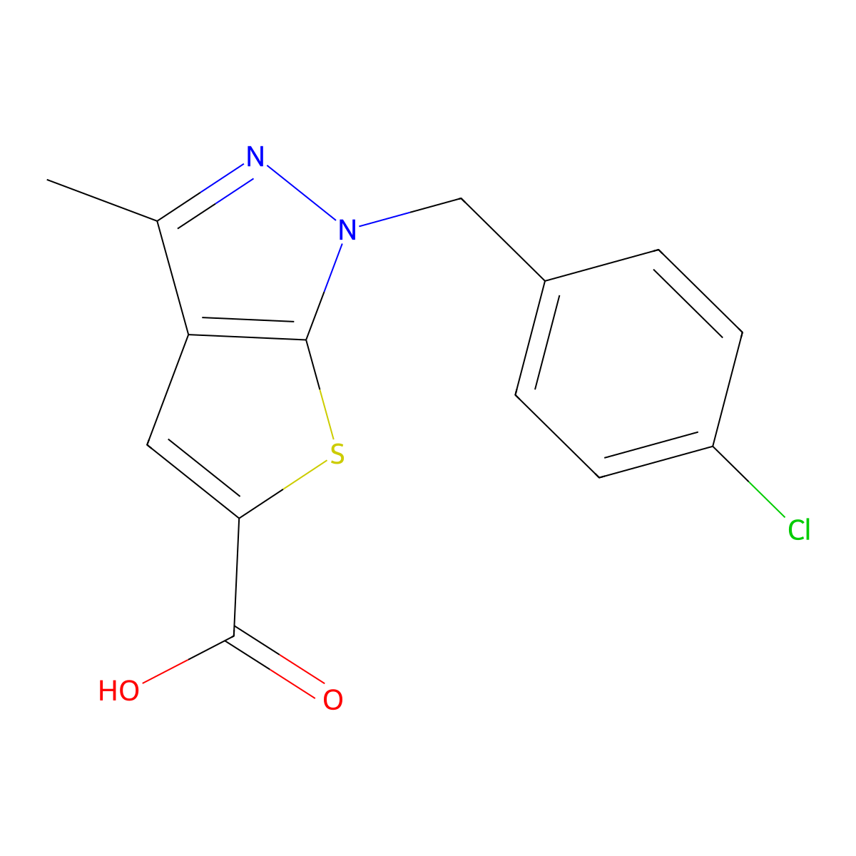 1-[(4-chlorophenyl)methyl]-3-methyl-1H-thieno[2,3-c]pyrazole-5-carboxylic acid molecular structure, CAS 571150-67-9