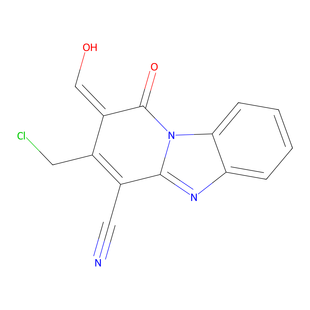 11-(Chloromethyl)-12-formyl-13-oxo-1,8-diazatricyclo[7.4.0.0,2,7]trideca-2,4,6,9,11-pentaene-10-carbonitrile molecular structure, CAS 571155-05-0