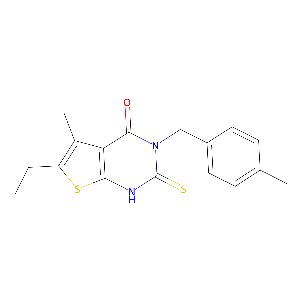 6-ethyl-5-methyl-3-[(4-methylphenyl)methyl]-2-sulfanyl-3H,4H-thieno[2,3-d]pyrimidin-4-one molecular structure, CAS 571159-02-9