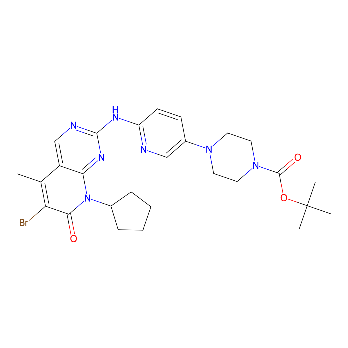 tert-Butyl 4-(6-(6-bromo-8-cyclopentyl-5-methyl-7-oxo-7,8-dihydro-pyrido(2,3-d)pyrimidin-2-ylamino)-pyridin-3-yl)-piperazine-1-carboxylate molecular structure, CAS 571188-82-4