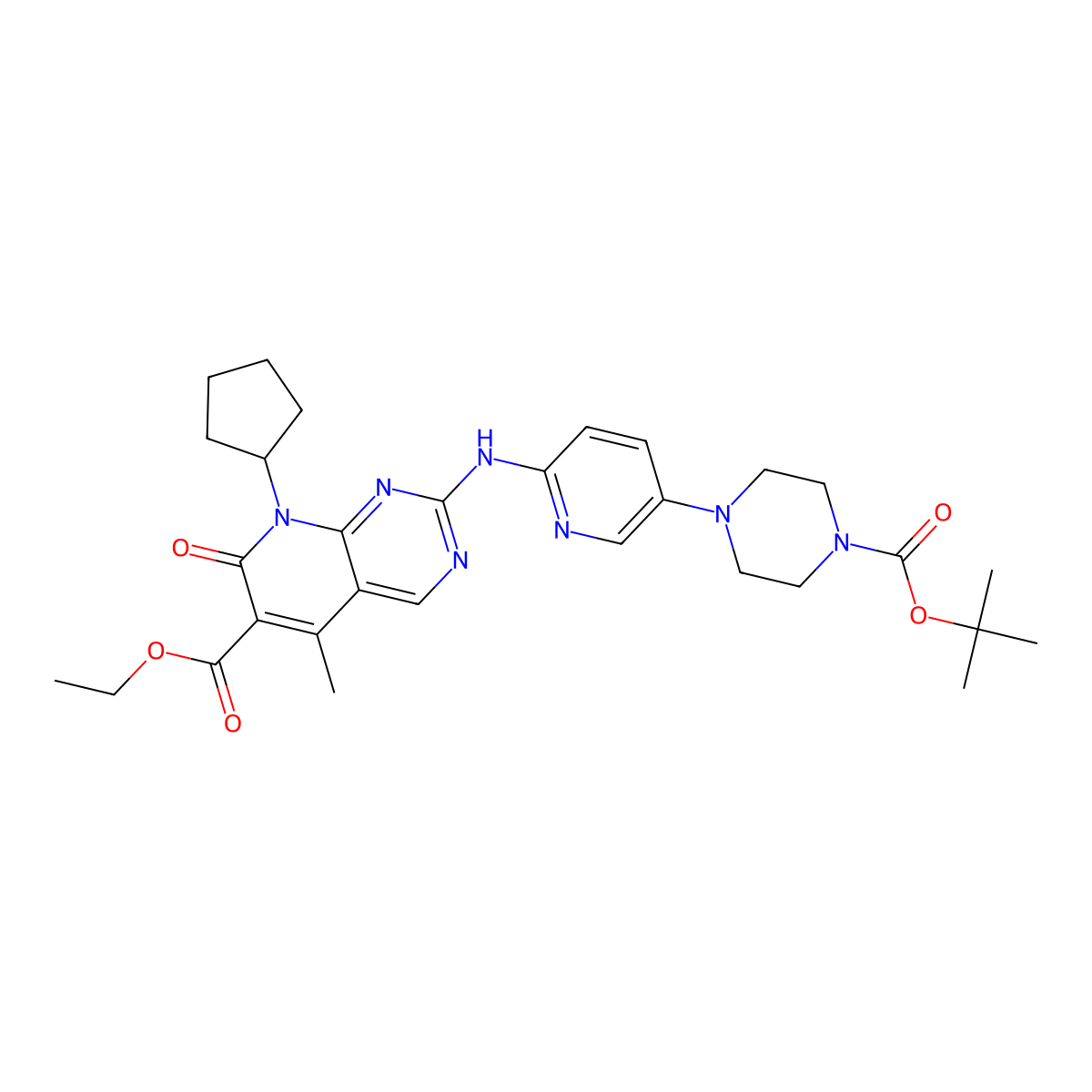 Ethyl 2-((5-(4-(tert-butoxycarbonyl)piperazin-1-yl)pyridin-2-yl)amino)-8-cyclopentyl-5-methyl-7-oxo-7,8-dihydropyrido[2,3-d]pyrimidine-6-carboxylate molecular structure, CAS 571189-03-2