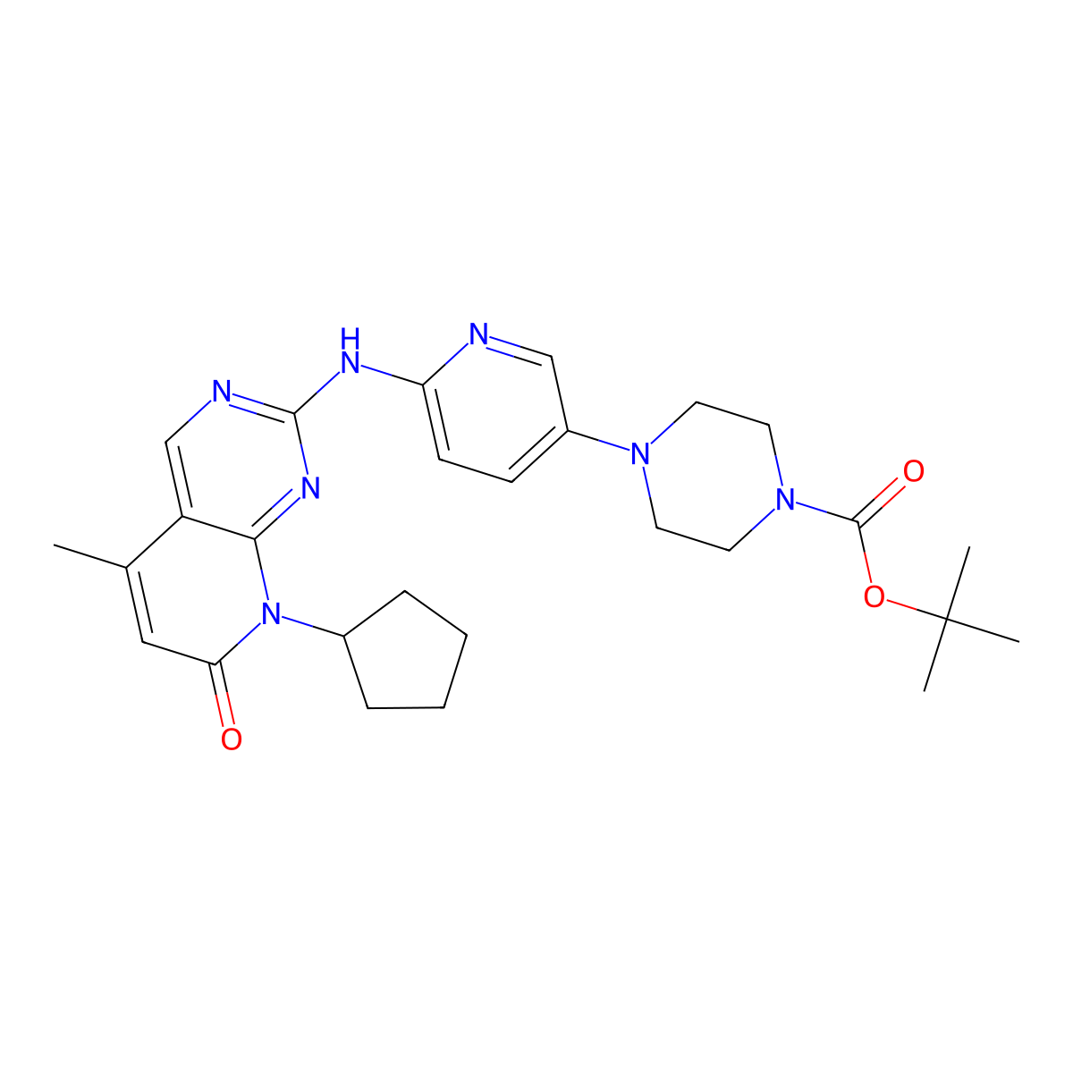 tert-butyl 4-(6-((8-cyclopentyl-5-Methyl-7-oxo-7,8-dihydropyrido[2,3-d]pyriMidin-2-yl)aMino)pyridin-3-yl)piperazine-1-carboxylate molecular structure, CAS 571189-65-6