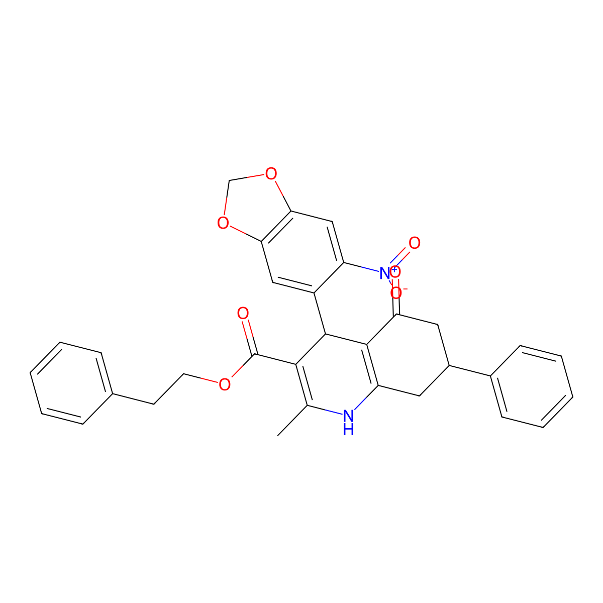 2-Phenylethyl 2-methyl-4-(6-nitro-1,3-benzodioxol-5-yl)-5-oxo-7-phenyl-1,4,5,6,7,8-hexahydroquinoline-3-carboxylate molecular structure, CAS 5712-01-6