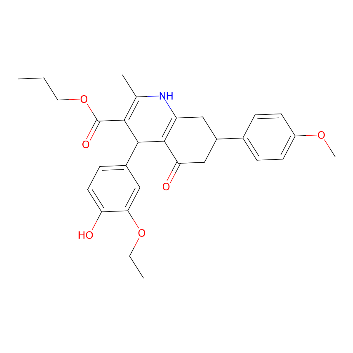Propyl 4-(3-ethoxy-4-hydroxyphenyl)-7-(4-methoxyphenyl)-2-methyl-5-oxo-1,4,5,6,7,8-hexahydroquinoline-3-carboxylate molecular structure, CAS 5713-80-4