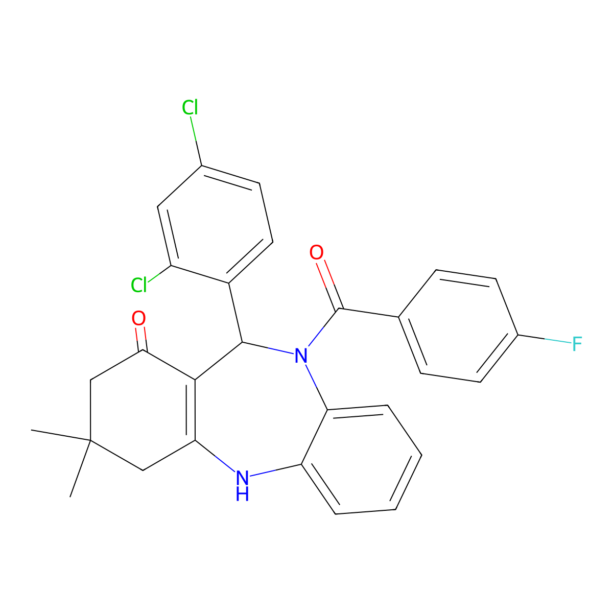 6-(2,4-Dichlorophenyl)-5-(4-fluorobenzoyl)-9,9-dimethyl-6,8,10,11-tetrahydrobenzo[b][1,4]benzodiazepin-7-one molecular structure, CAS 5715-78-6