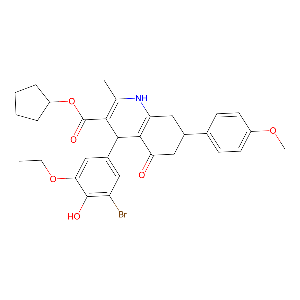 Cyclopentyl 4-(3-bromo-5-ethoxy-4-hydroxyphenyl)-7-(4-methoxyphenyl)-2-methyl-5-oxo-1,4,5,6,7,8-hexahydroquinoline-3-carboxylate molecular structure, CAS 5716-40-5
