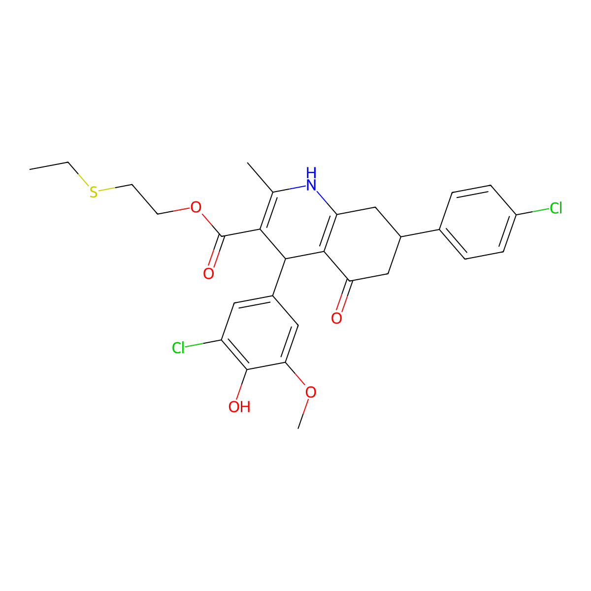 2-(Ethylsulfanyl)ethyl 4-(3-chloro-4-hydroxy-5-methoxyphenyl)-7-(4-chlorophenyl)-2-methyl-5-oxo-1,4,5,6,7,8-hexahydroquinoline-3-carboxylate molecular structure, CAS 5716-56-3