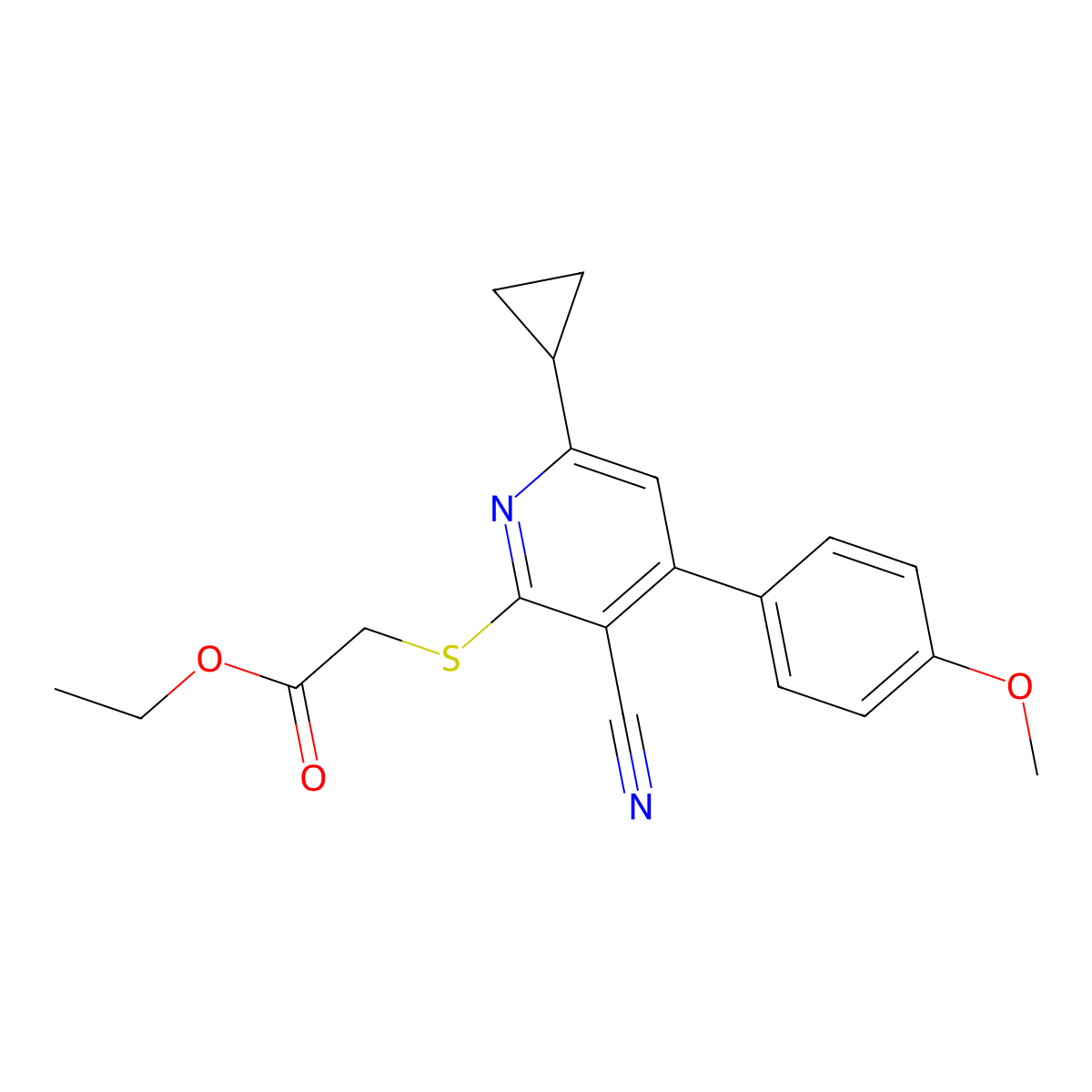 Ethyl 2-[3-cyano-6-cyclopropyl-4-(4-methoxyphenyl)pyridin-2-yl]sulfanylacetate molecular structure, CAS 5716-58-5