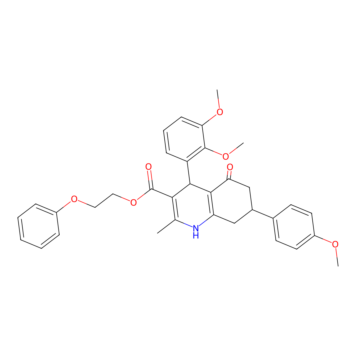2-Phenoxyethyl 4-(2,3-dimethoxyphenyl)-7-(4-methoxyphenyl)-2-methyl-5-oxo-1,4,5,6,7,8-hexahydroquinoline-3-carboxylate molecular structure, CAS 5716-83-6