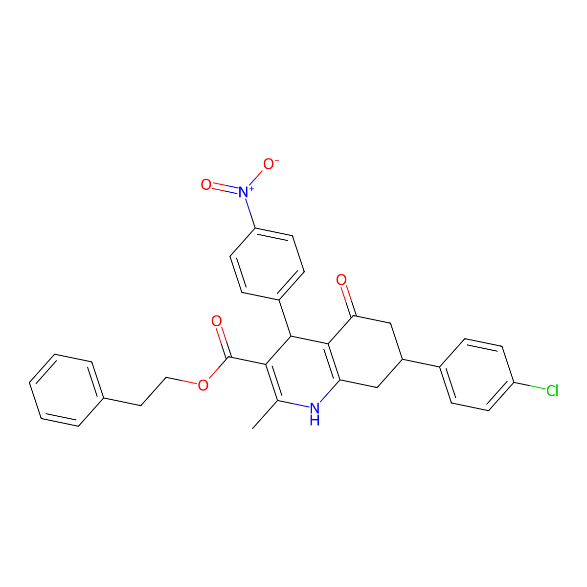 2-Phenylethyl 7-(4-chlorophenyl)-2-methyl-4-(4-nitrophenyl)-5-oxo-1,4,5,6,7,8-hexahydroquinoline-3-carboxylate molecular structure, CAS 5719-37-9