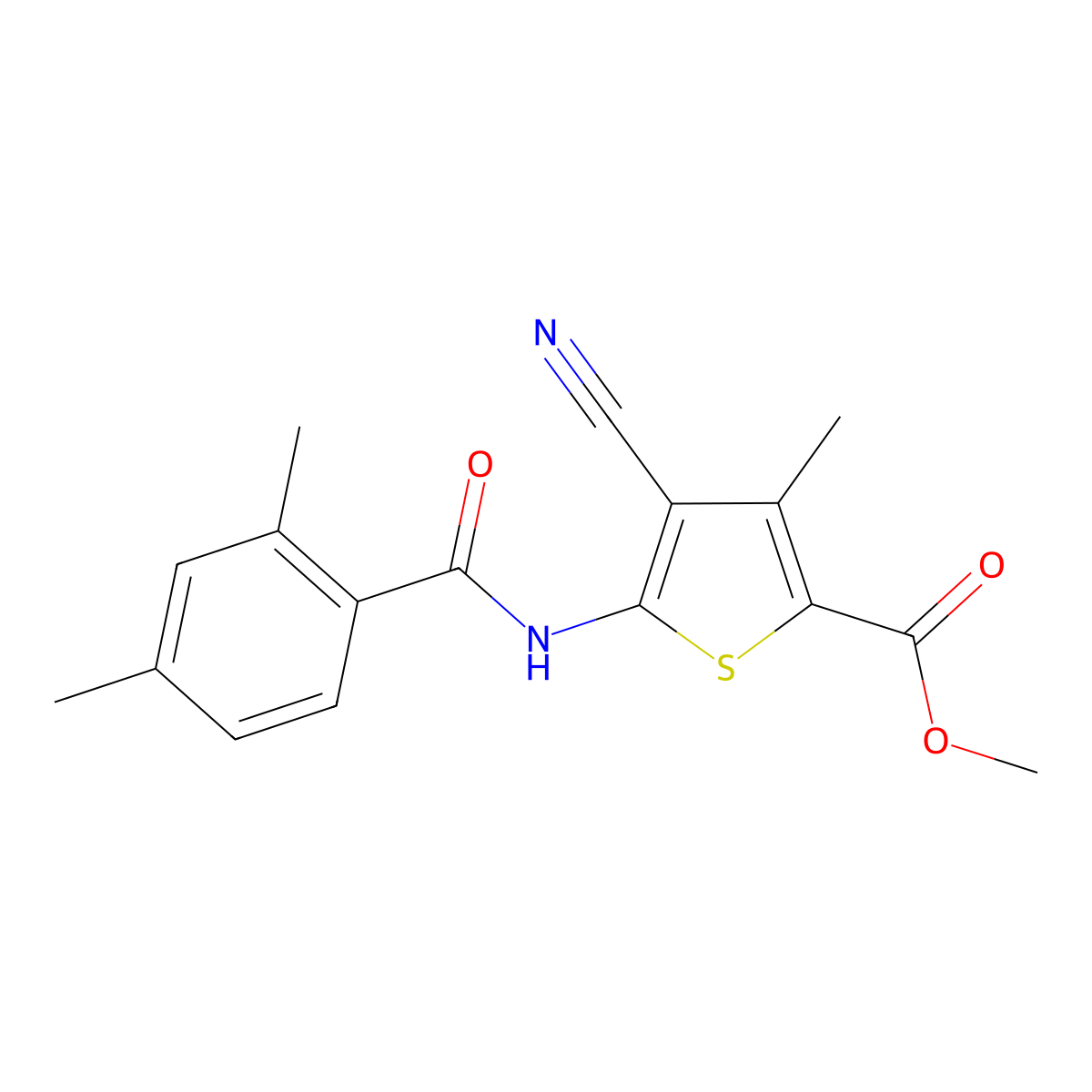 Methyl 4-cyano-5-{[(2,4-dimethylphenyl)carbonyl]amino}-3-methylthiophene-2-carboxylate molecular structure, CAS 5719-96-0