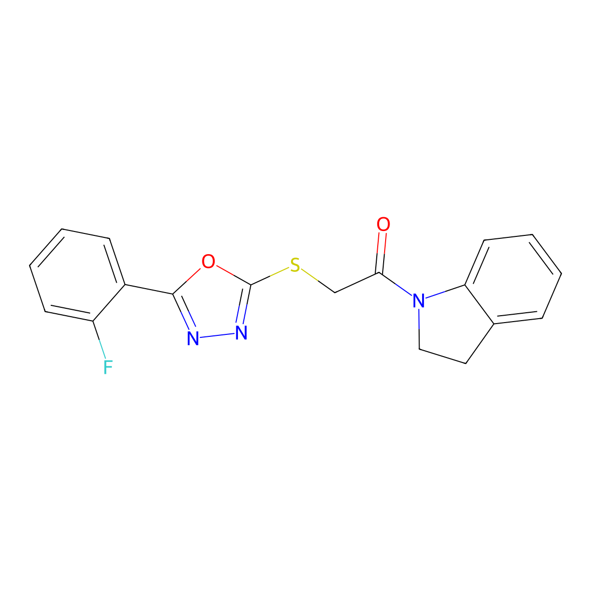 2-((5-(2-Fluorophenyl)-1,3,4-oxadiazol-2-yl)thio)-1-(indolin-1-yl)ethanone molecular structure, CAS 571904-77-3