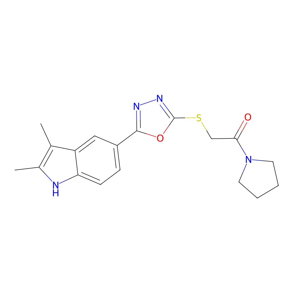 2-{[5-(2,3-dimethyl-1H-indol-5-yl)-1,3,4-oxadiazol-2-yl]sulfanyl}-1-(pyrrolidin-1-yl)ethan-1-one molecular structure, CAS 571905-55-0