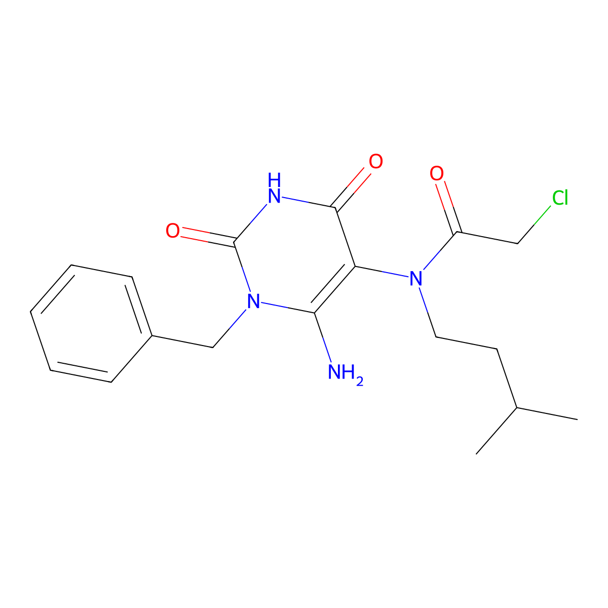 N-(6-amino-1-benzyl-2,4-dioxo-1,2,3,4-tetrahydropyrimidin-5-yl)-2-chloro-N-(3-methylbutyl)acetamide molecular structure, CAS 571917-23-2