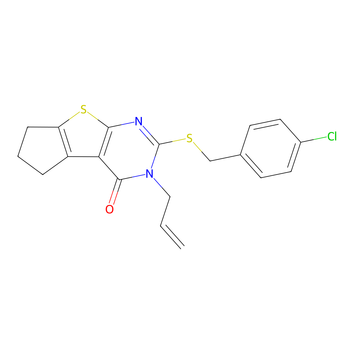 3-[(4-chlorophenyl)methylsulfanyl]-2-prop-2-enyl-7,8-dihydro-6H-cyclopenta[2,3]thieno[2,4-b]pyrimidin-1-one molecular structure, CAS 571936-88-4