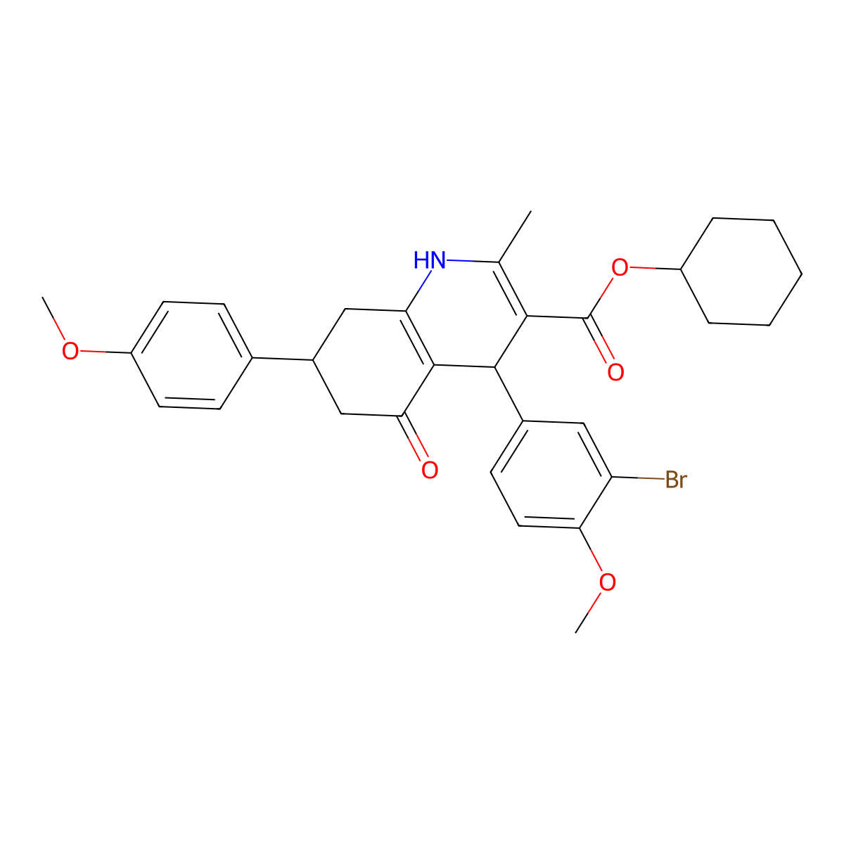 Cyclohexyl 4-(3-bromo-4-methoxyphenyl)-7-(4-methoxyphenyl)-2-methyl-5-oxo-1,4,5,6,7,8-hexahydroquinoline-3-carboxylate molecular structure, CAS 5720-51-4