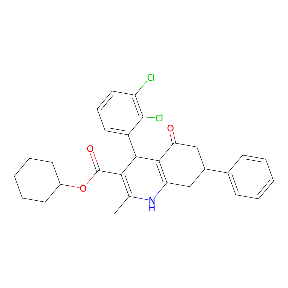 cyclohexyl 4-(2,3-dichlorophenyl)-2-methyl-5-oxo-7-phenyl-4,6,7,8-tetrahydro-1H-quinoline-3-carboxylate molecular structure, CAS 5720-62-7