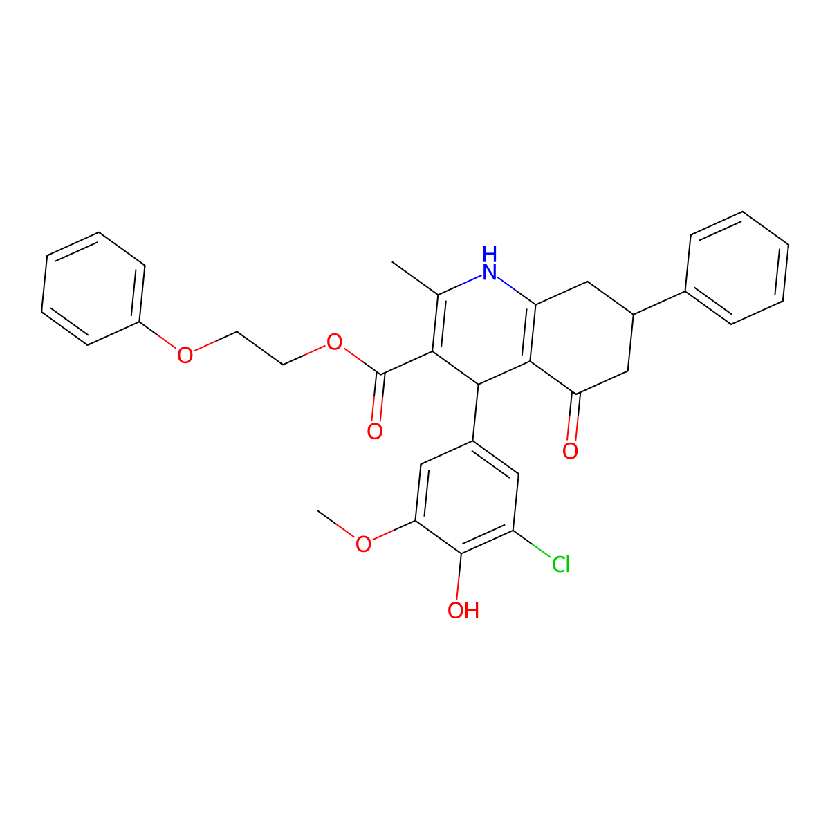 2-Phenoxyethyl 4-(3-chloro-4-hydroxy-5-methoxyphenyl)-2-methyl-5-oxo-7-phenyl-1,4,5,6,7,8-hexahydroquinoline-3-carboxylate molecular structure, CAS 5721-27-7