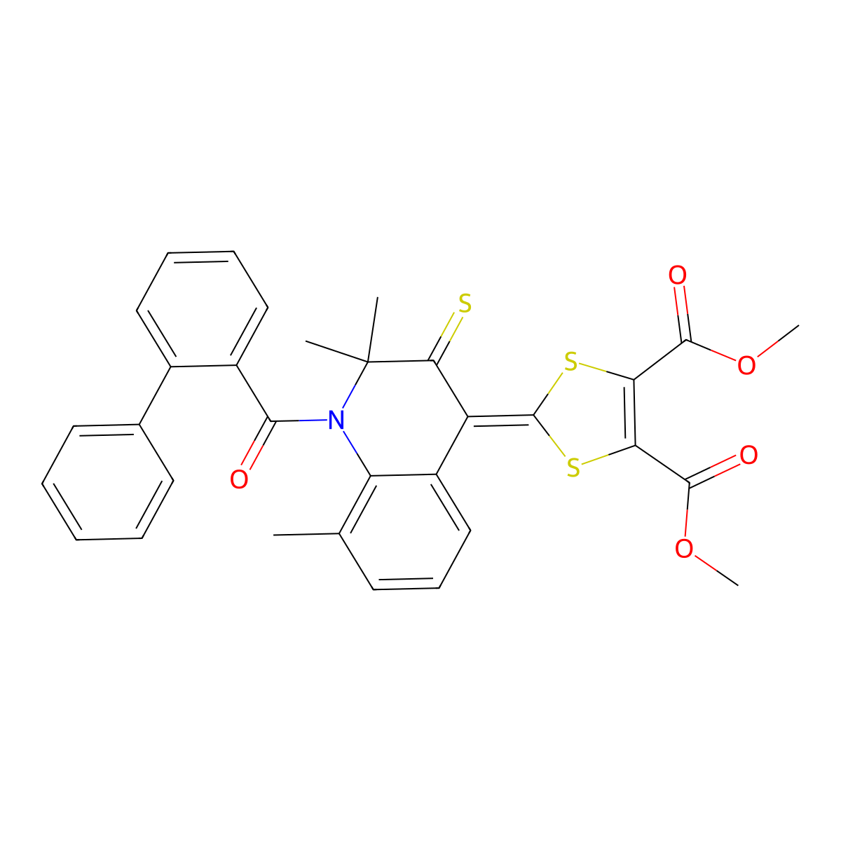 Dimethyl 2-[2,2,8-trimethyl-1-(2-phenylbenzoyl)-3-sulfanylidenequinolin-4-ylidene]-1,3-dithiole-4,5-dicarboxylate molecular structure, CAS 5722-57-6