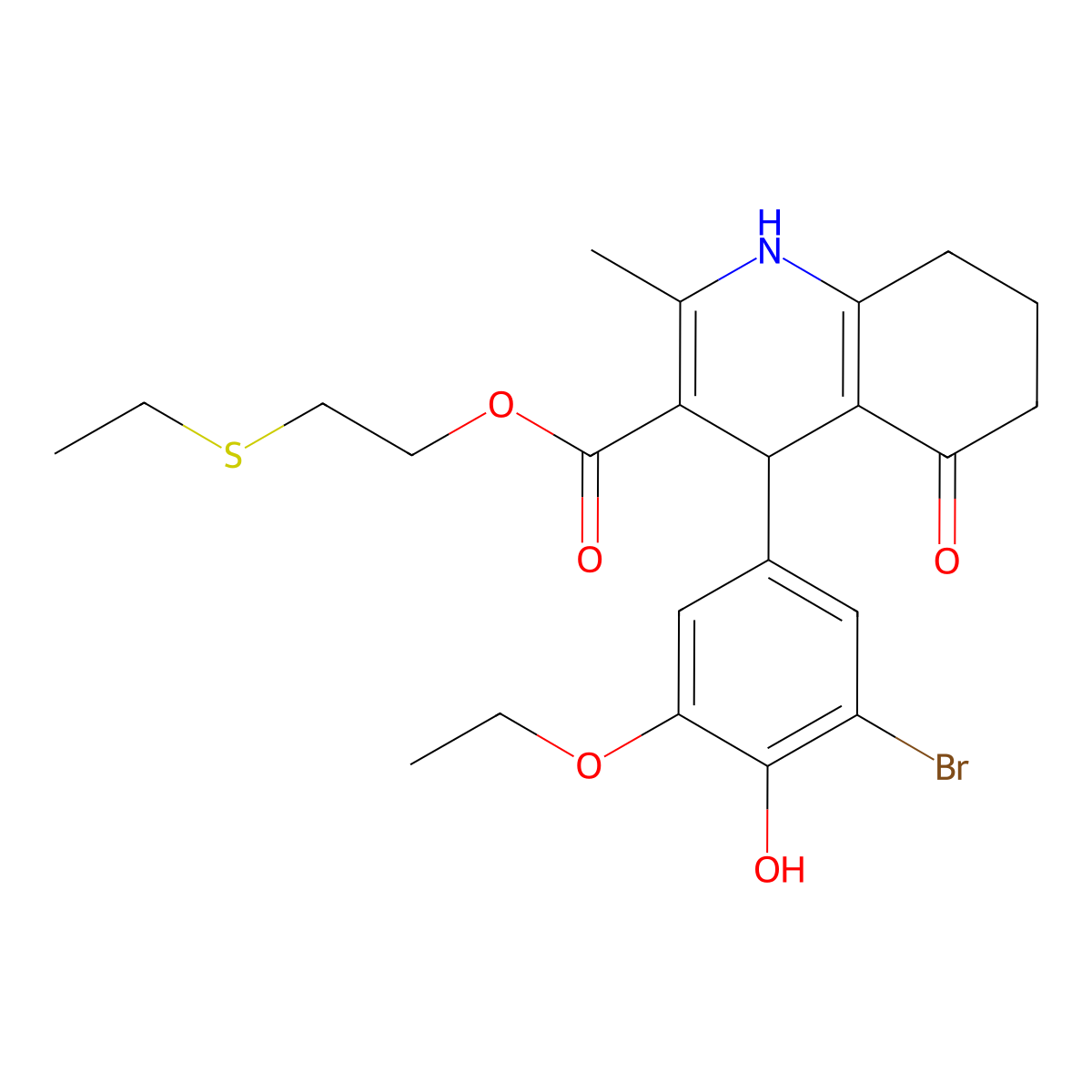 2-ethylsulfanylethyl 4-(3-bromo-5-ethoxy-4-hydroxyphenyl)-2-methyl-5-oxo-4,6,7,8-tetrahydro-1H-quinoline-3-carboxylate molecular structure, CAS 5722-69-0