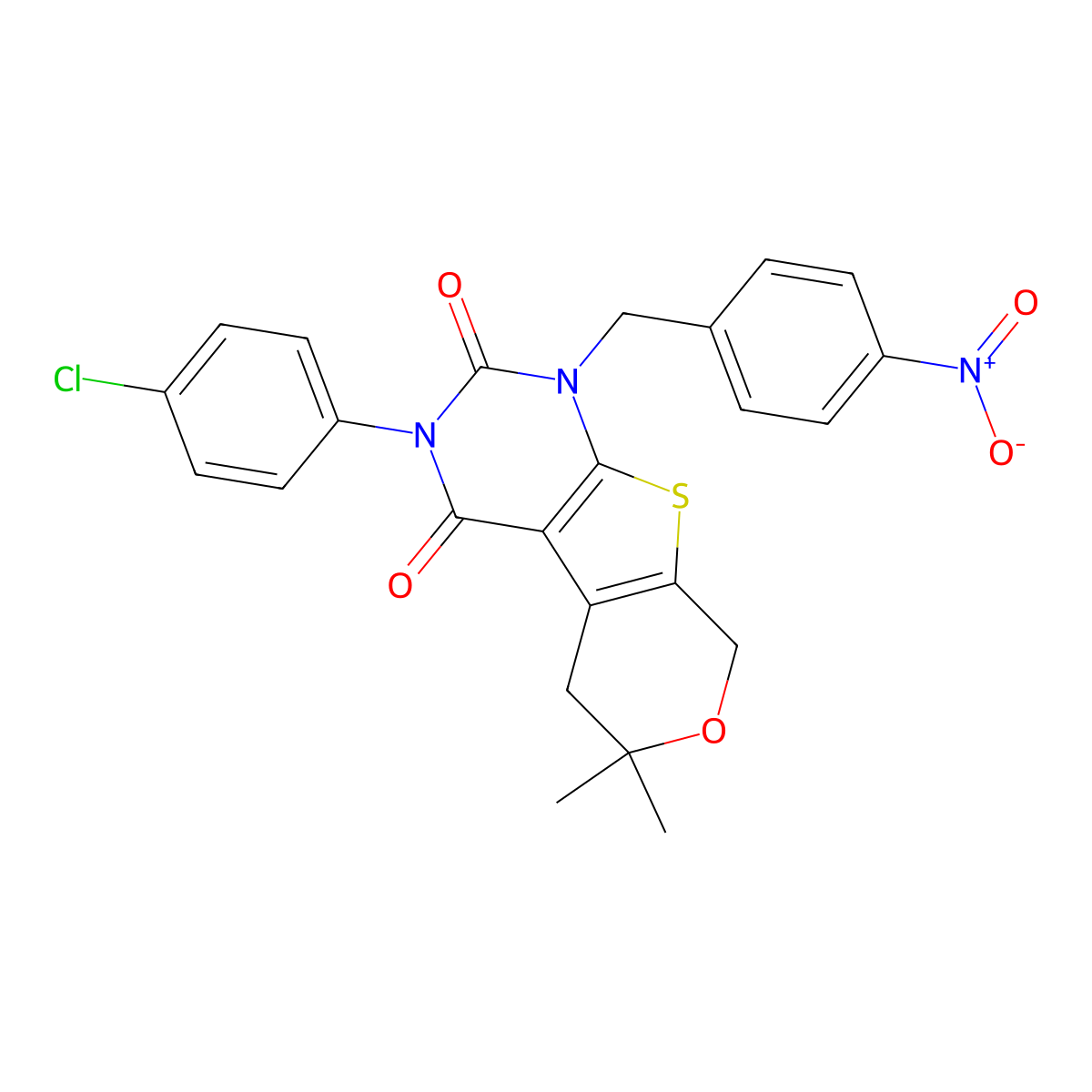 3-(4-chlorophenyl)-6,6-dimethyl-1-(4-nitrobenzyl)-1,5,6,8-tetrahydro-2H-pyrano[4',3':4,5]thieno[2,3-d]pyrimidine-2,4(3H)-dione molecular structure, CAS 5723-64-8