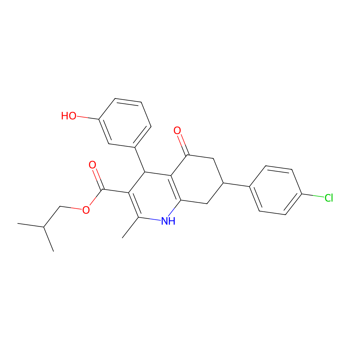 2-Methylpropyl 7-(4-chlorophenyl)-4-(3-hydroxyphenyl)-2-methyl-5-oxo-1,4,5,6,7,8-hexahydroquinoline-3-carboxylate molecular structure, CAS 5723-69-3