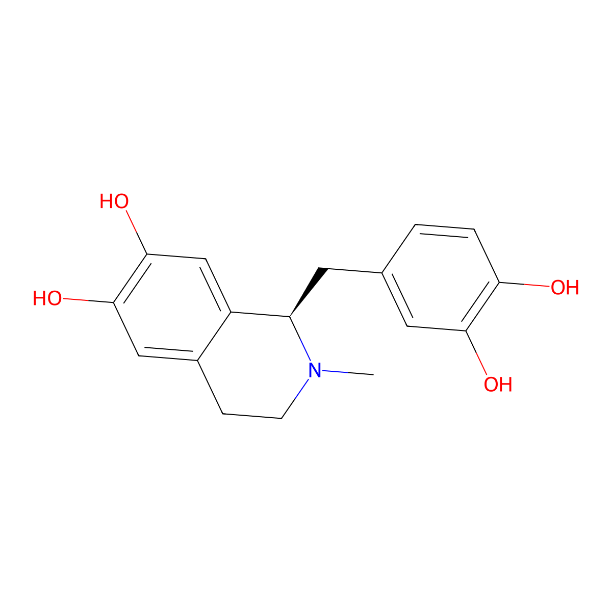 (R)-1-((3,4-Dihydroxyphenyl)methyl)-1,2,3,4-tetrahydro-2-methylisoquinoline-6,7-diol molecular structure, CAS 57231-32-0