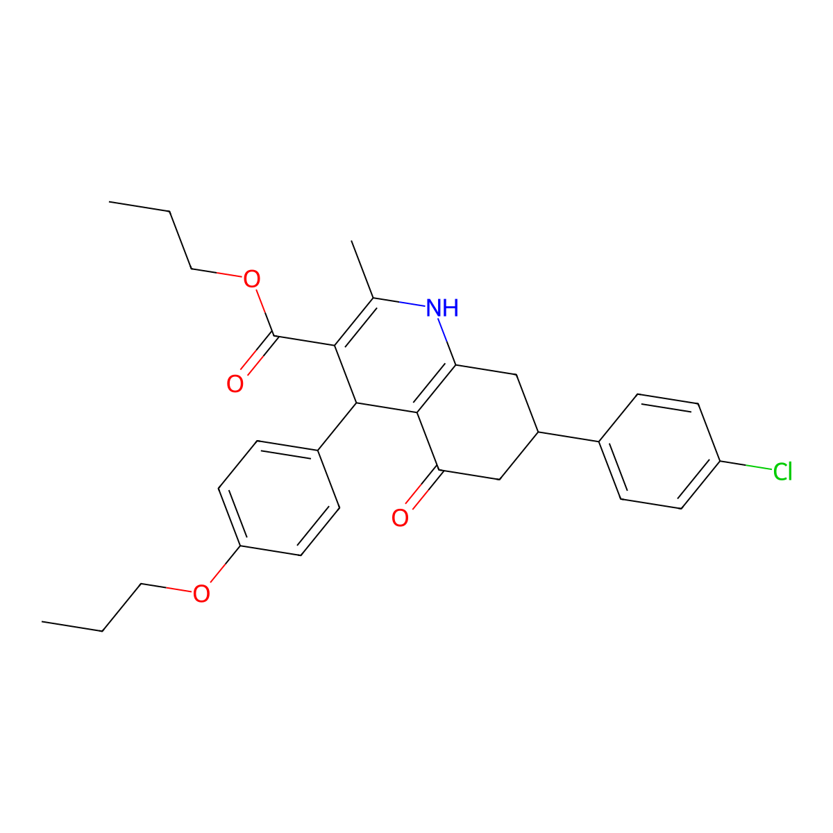propyl 7-(4-chlorophenyl)-2-methyl-5-oxo-4-(4-propoxyphenyl)-4,6,7,8-tetrahydro-1H-quinoline-3-carboxylate molecular structure, CAS 5724-93-6