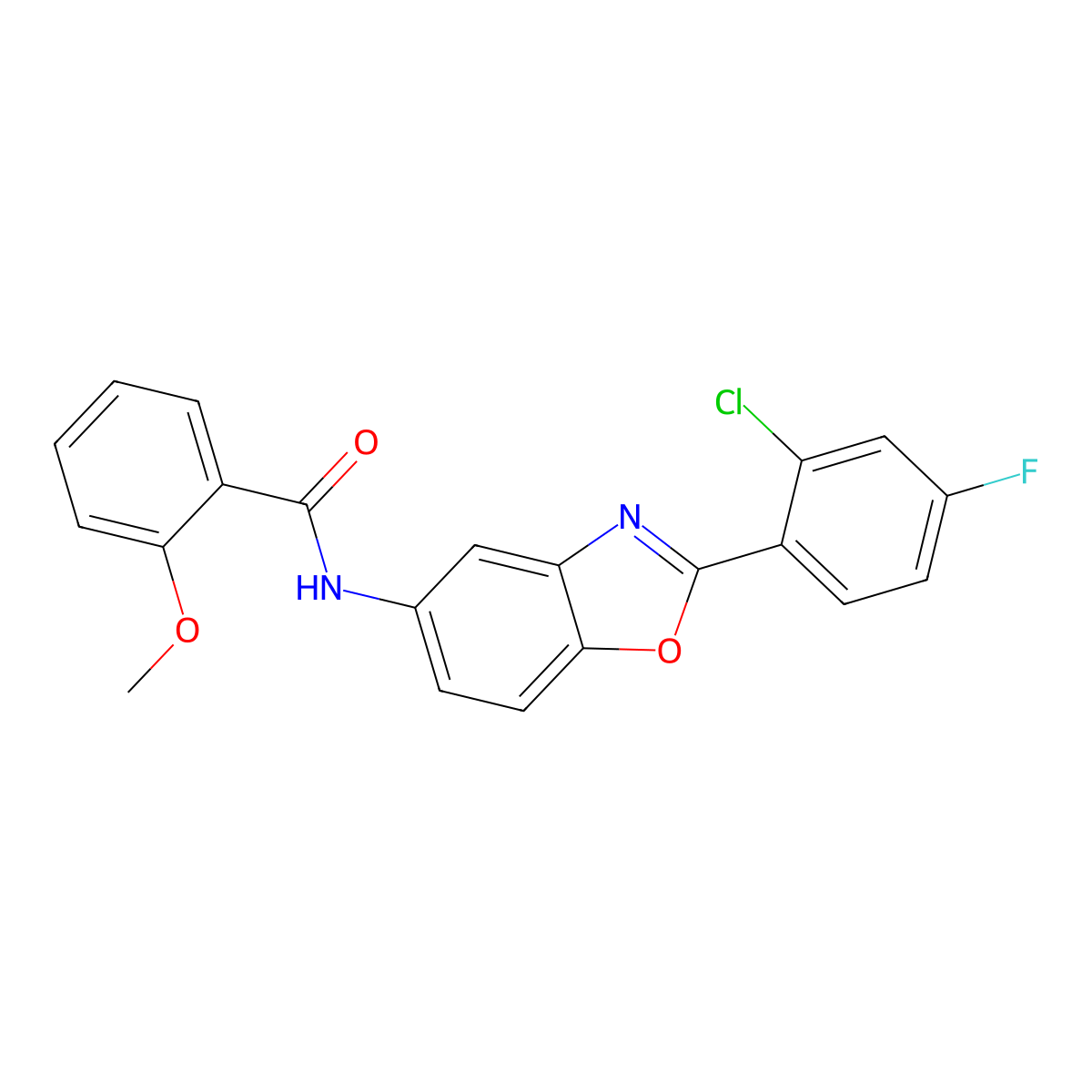 N-[2-(2-chloro-4-fluorophenyl)-1,3-benzoxazol-5-yl]-2-methoxybenzamide molecular structure, CAS 5725-06-4