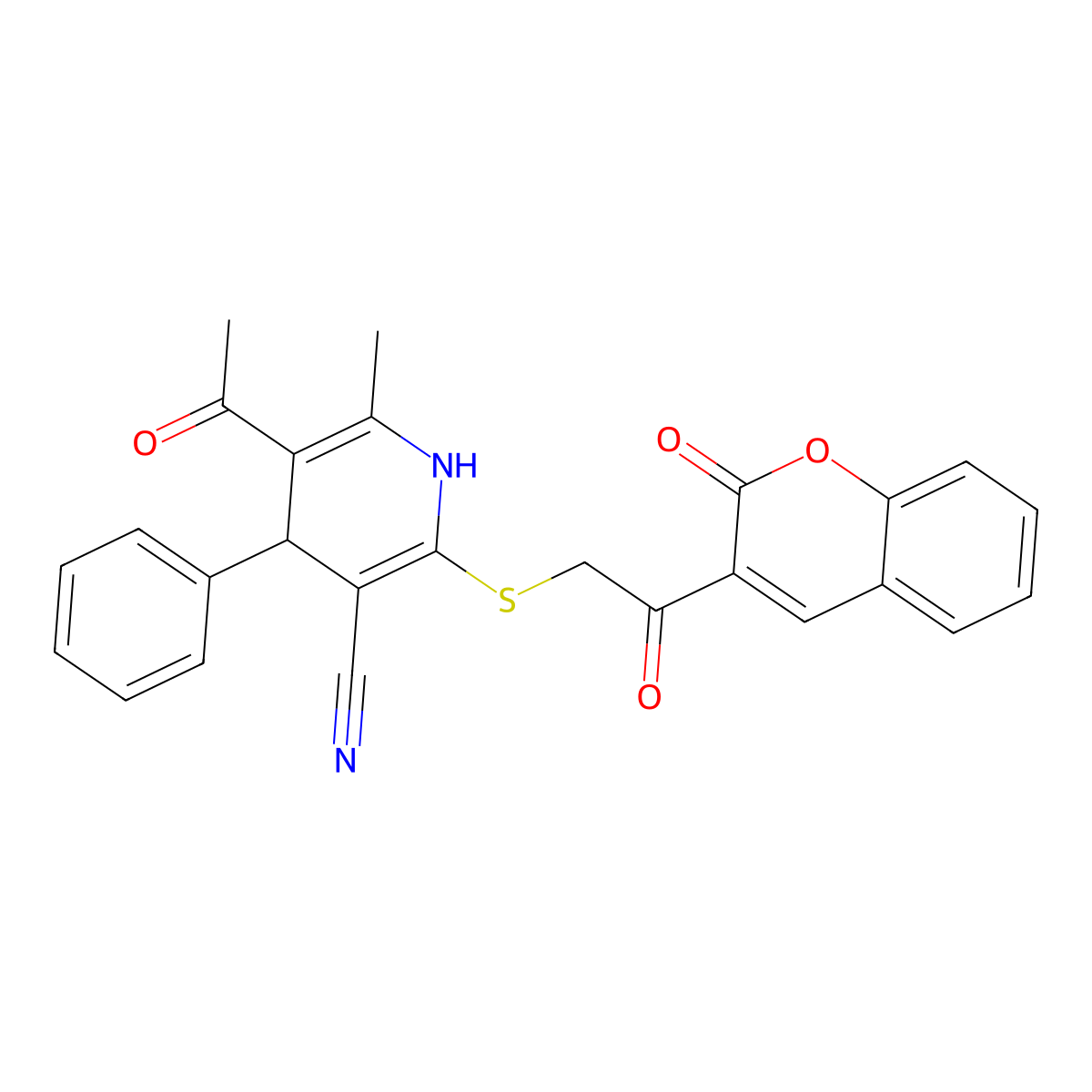 5-Acetyl-6-methyl-2-[2-oxo-2-(2-oxochromen-3-yl)ethyl]sulfanyl-4-phenyl-1,4-dihydropyridine-3-carbonitrile molecular structure, CAS 5725-60-0