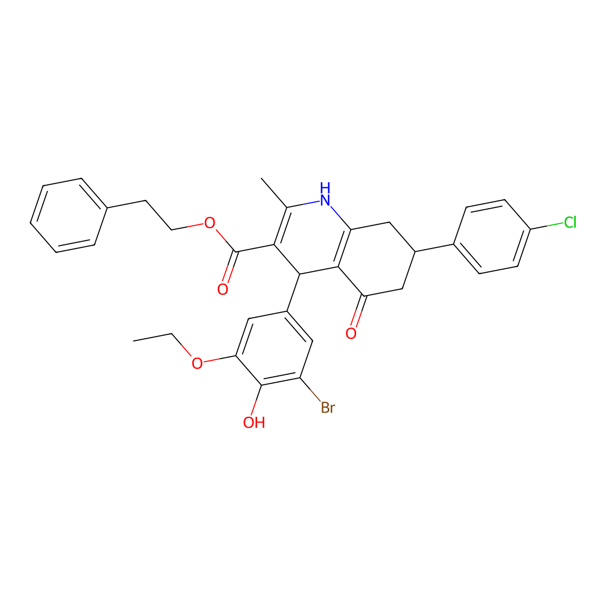 2-Phenylethyl 4-(3-bromo-5-ethoxy-4-hydroxyphenyl)-7-(4-chlorophenyl)-2-methyl-5-oxo-1,4,5,6,7,8-hexahydroquinoline-3-carboxylate molecular structure, CAS 5726-39-6