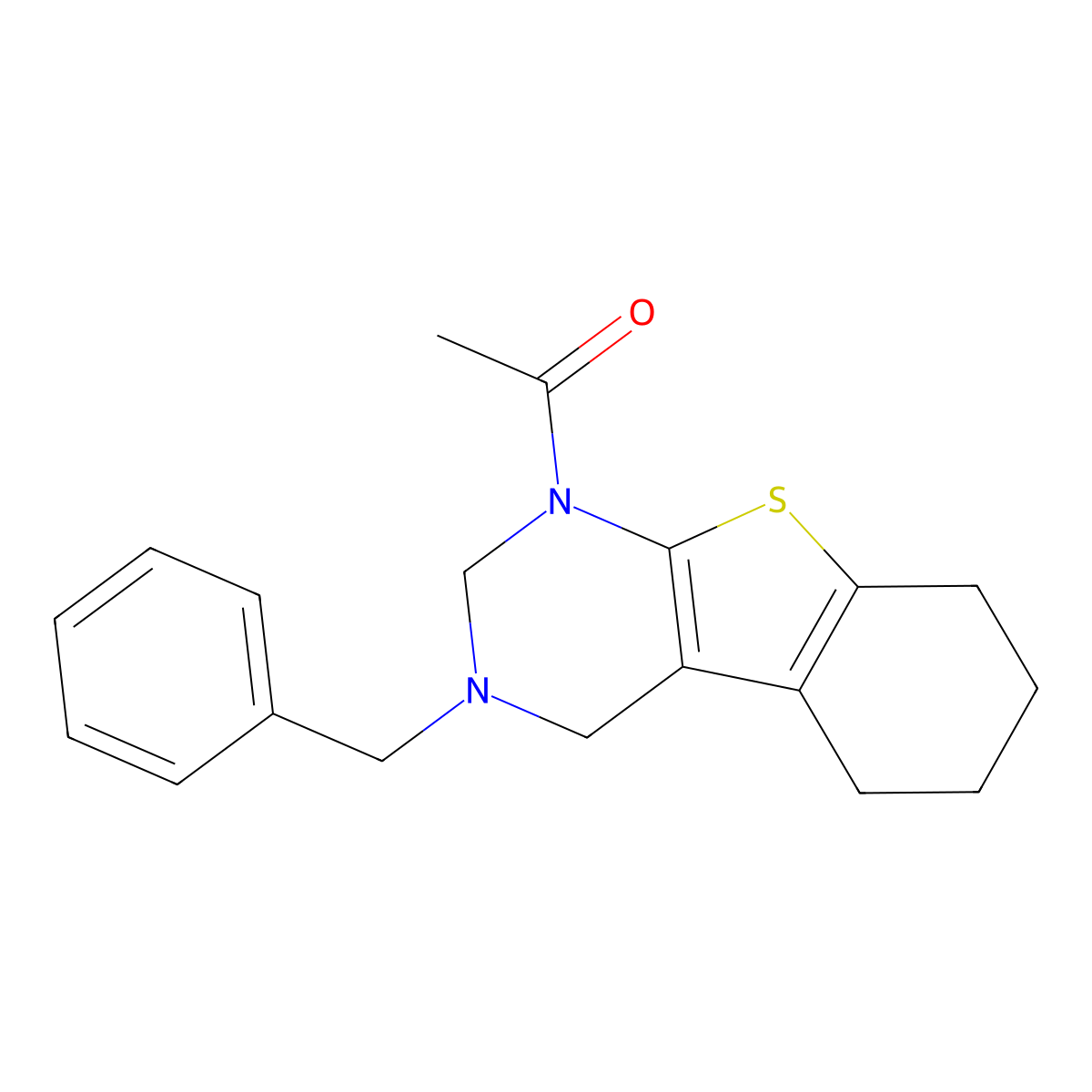 1-{4-Benzyl-8-thia-4,6-diazatricyclo[7.4.0.0^{2,7}]trideca-1(9),2(7)-dien-6-yl}ethan-1-one molecular structure, CAS 57262-78-9