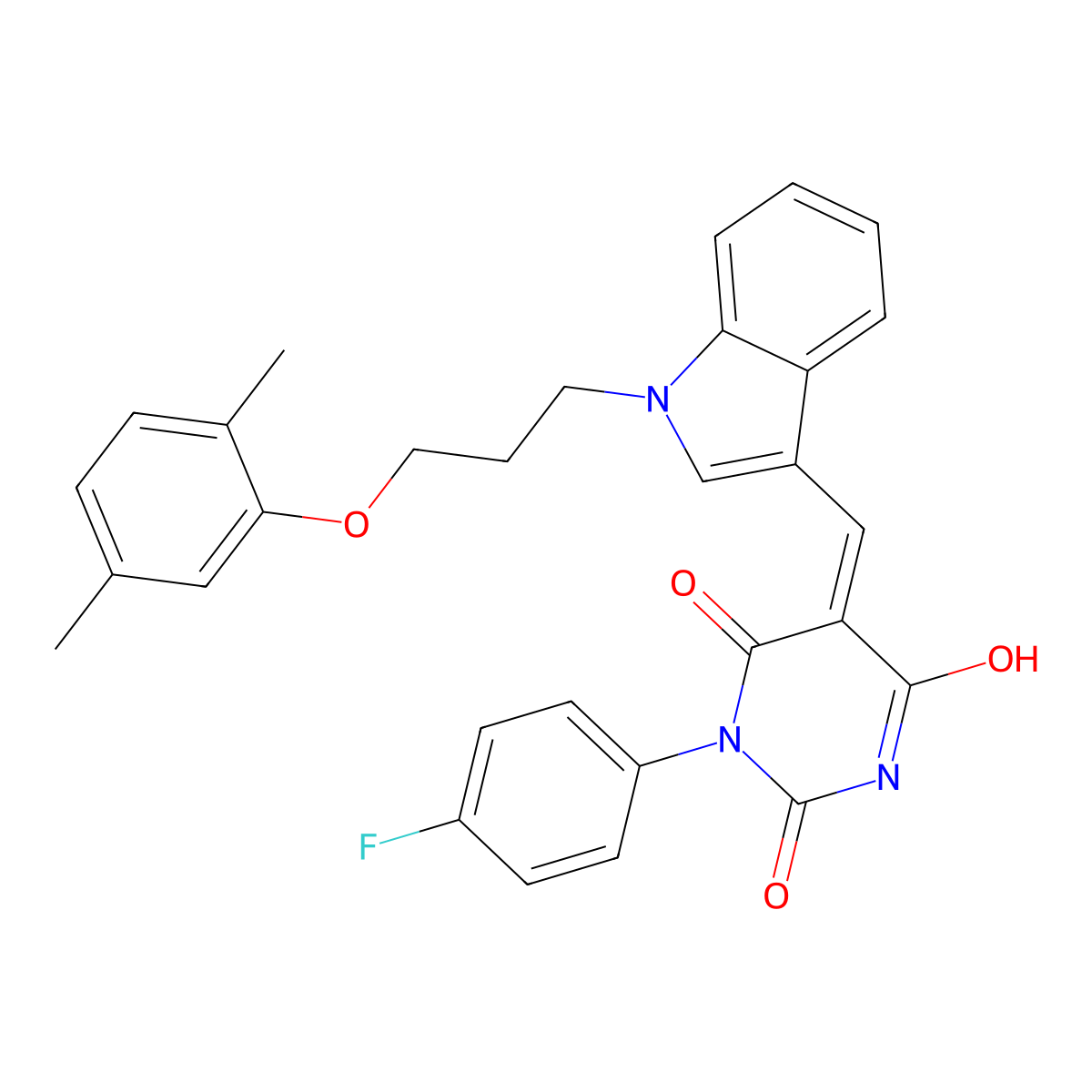 5-[[1-[3-(2,5-Dimethylphenoxy)propyl]indol-3-yl]methylidene]-1-(4-fluorophenyl)-1,3-diazinane-2,4,6-trione molecular structure, CAS 5727-27-5
