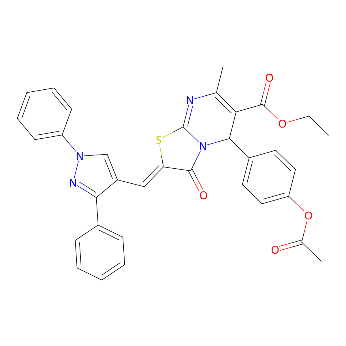 ethyl 5-(4-acetyloxyphenyl)-2-[(1,3-diphenylpyrazol-4-yl)methylidene]-7-methyl-3-oxo-5H-[1,3]thiazolo[3,2-a]pyrimidine-6-carboxylate molecular structure, CAS 5730-41-6