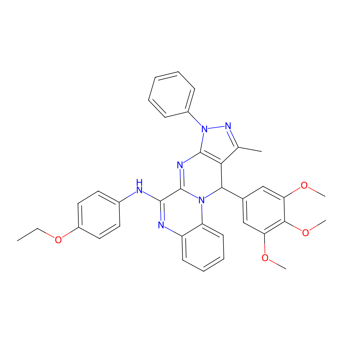 N-(4-ethoxyphenyl)-10-methyl-8-phenyl-11-(3,4,5-trimethoxyphenyl)-8,11-dihydropyrazolo[3',4':4,5]pyrimido[1,2-a]quinoxalin-6-amine molecular structure, CAS 5731-29-3