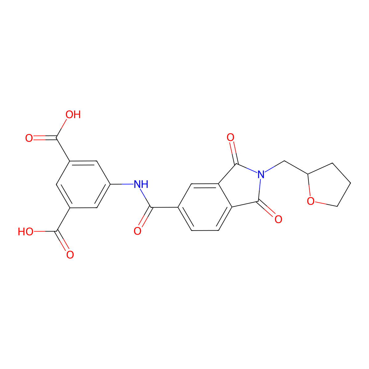 5-({[1,3-dioxo-2-(tetrahydrofuran-2-ylmethyl)-2,3-dihydro-1H-isoindol-5-yl]carbonyl}amino)benzene-1,3-dicarboxylic acid molecular structure, CAS 5731-57-7