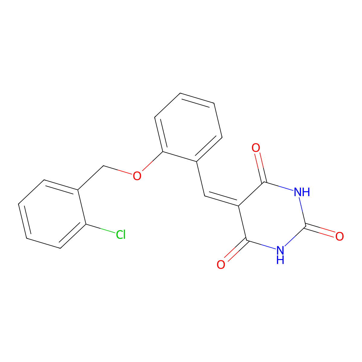5-{2-[(2-chlorobenzyl)oxy]benzylidene}pyrimidine-2,4,6(1H,3H,5H)-trione molecular structure, CAS 5735-55-7
