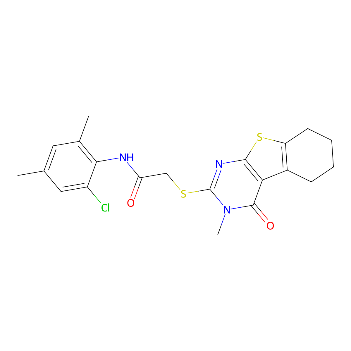 N-(2-chloro-4,6-dimethylphenyl)-2-(3-methyl-4-oxo(3,5,6,7,8-pentahydrobenzo[b] thiopheno[2,3-d]pyrimidin-2-ylthio))acetamide molecular structure, CAS 573669-01-9