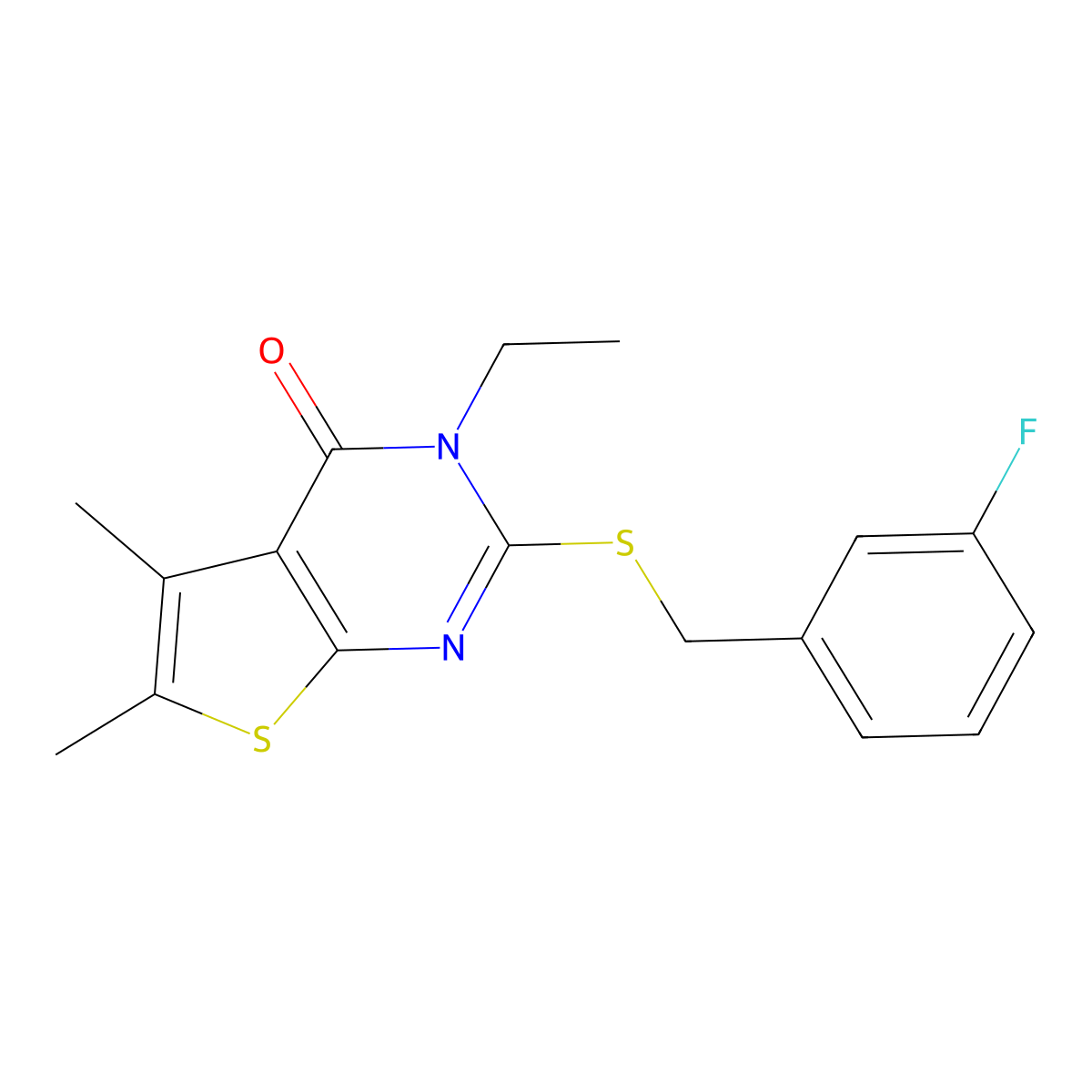 3-Ethyl-2-((3-fluorobenzyl)thio)-5,6-dimethylthieno(2,3-D)pyrimidin-4(3H)-one molecular structure, CAS 573669-02-0