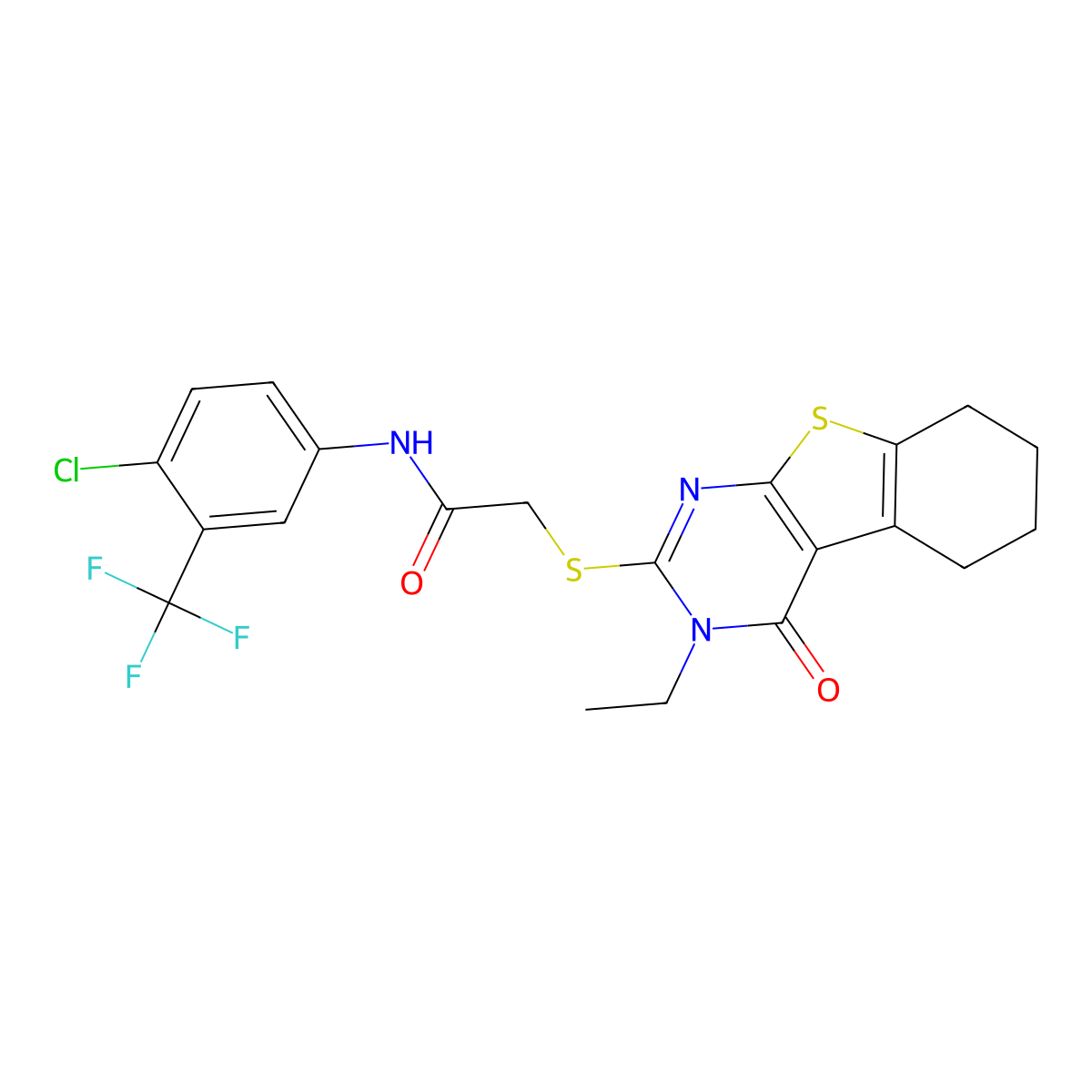 N-(4-Chloro-3-(trifluoromethyl)phenyl)-2-((3-ethyl-4-oxo-3,4,5,6,7,8-hexahydro(1)benzothieno(2,3-D)pyrimidin-2-YL)sulfanyl)acetamide molecular structure, CAS 573669-21-3