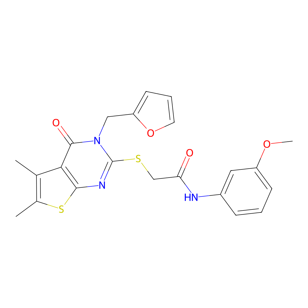 2-{[3-(furan-2-ylmethyl)-5,6-dimethyl-4-oxo-3,4-dihydrothieno[2,3-d]pyrimidin-2-yl]sulfanyl}-N-(3-methoxyphenyl)acetamide molecular structure, CAS 573669-25-7